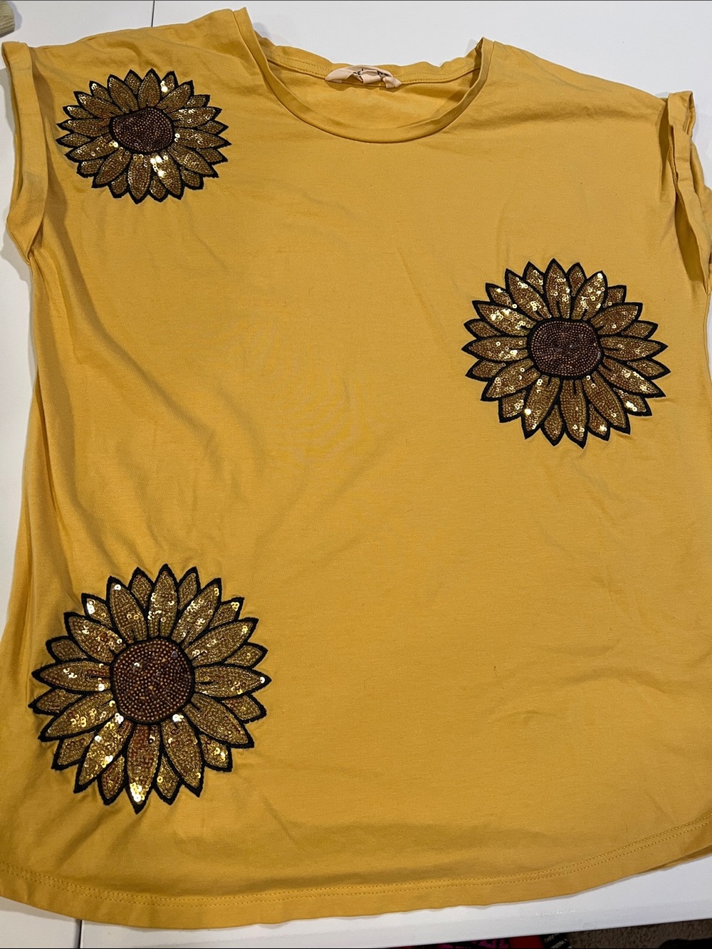 Mesh+Love - small, mustard yellow, sunflower sequins tank/capped sleeve tshirt